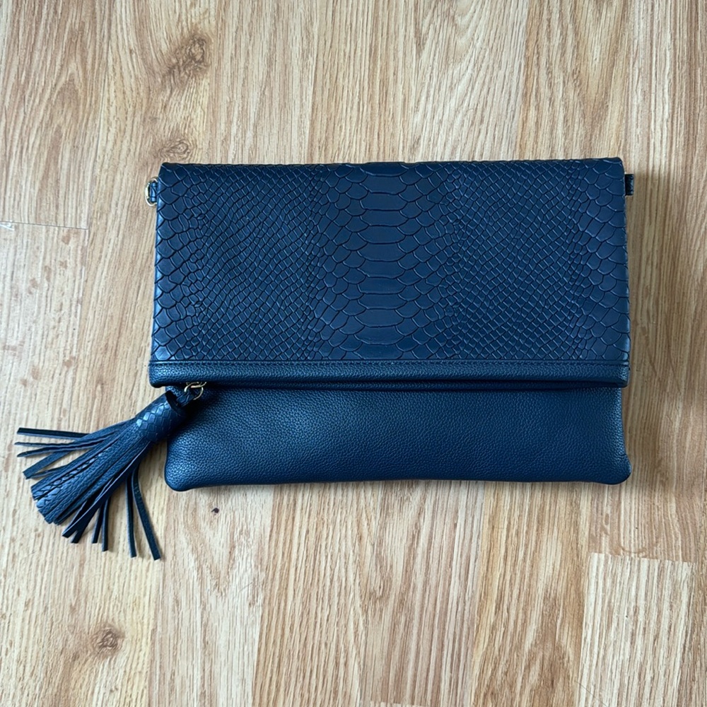 GiGi New York navy blue Fold-Over Clutch with Tassel crossbody leather
